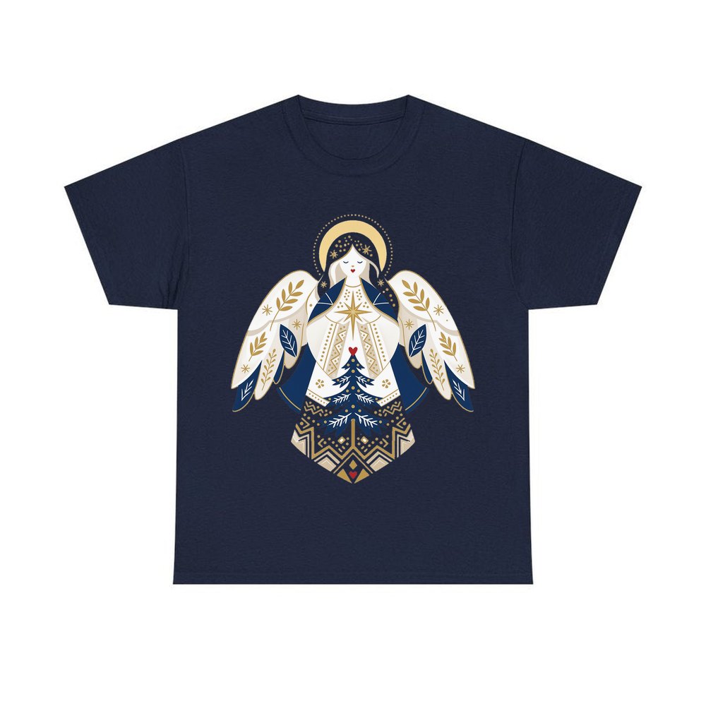 Nordic Folk Angel personalised Christmas T-shirt in navy