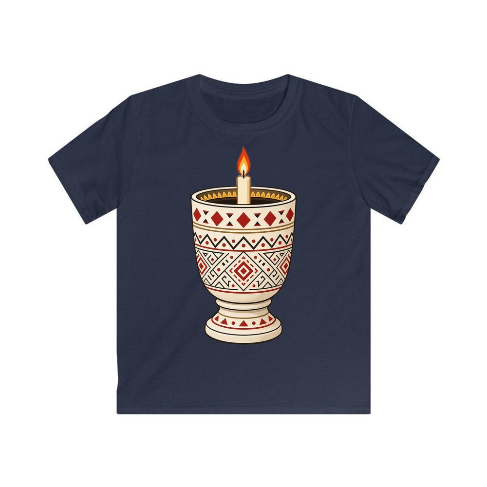 Nordic Folk Candle Cup personalised kids Christmas tee in navy