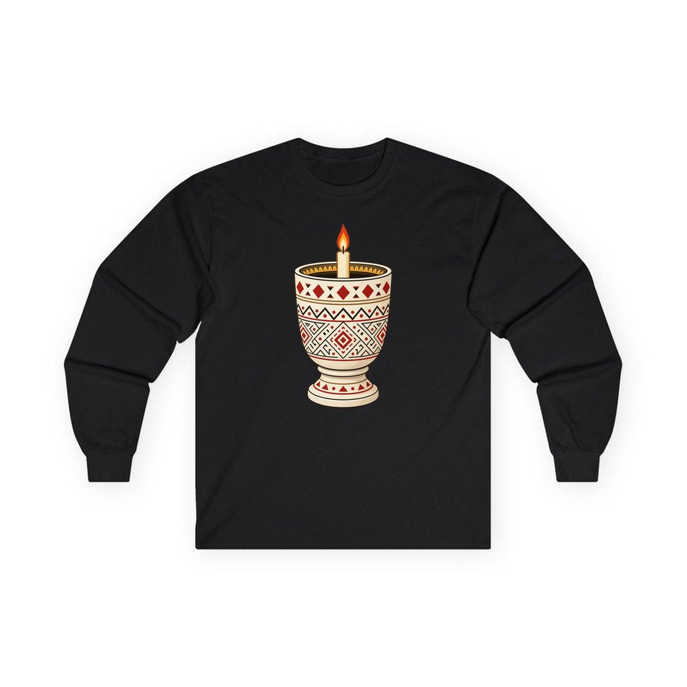 Nordic Folk Candle Cup personalised long sleeve Christmas T-shirt in black