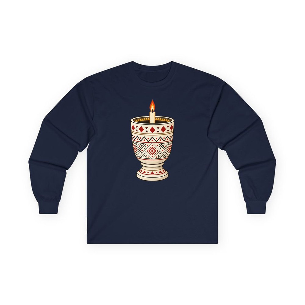 Nordic Folk Candle Cup personalised long sleeve Christmas T-shirt in navy