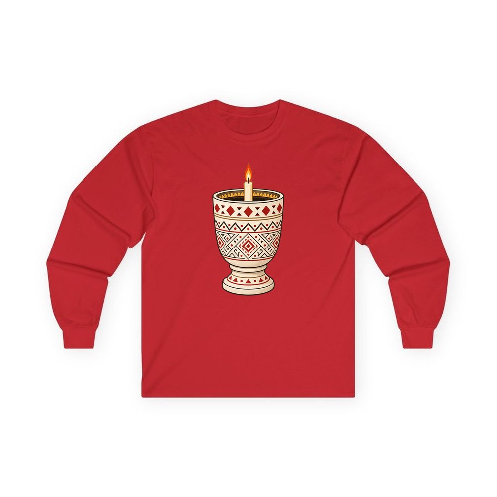 Nordic Folk Candle Cup personalised long sleeve Christmas T-shirt in red