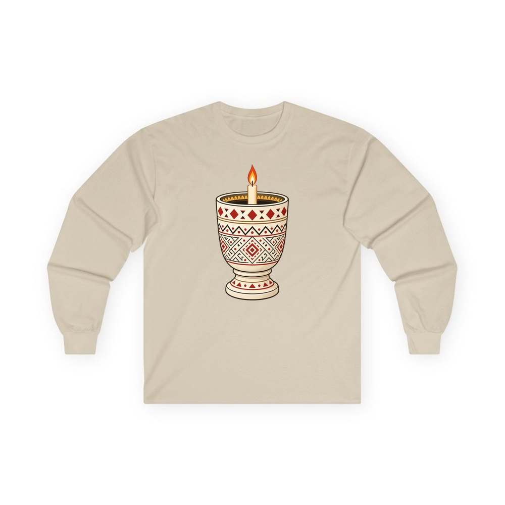 Nordic Folk Candle Cup personalised long sleeve Christmas T-shirt in sand