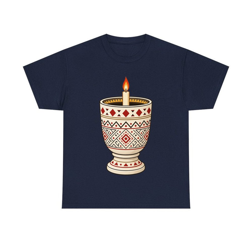 Nordic Folk Candle Cup personalised Christmas T-shirt in navy