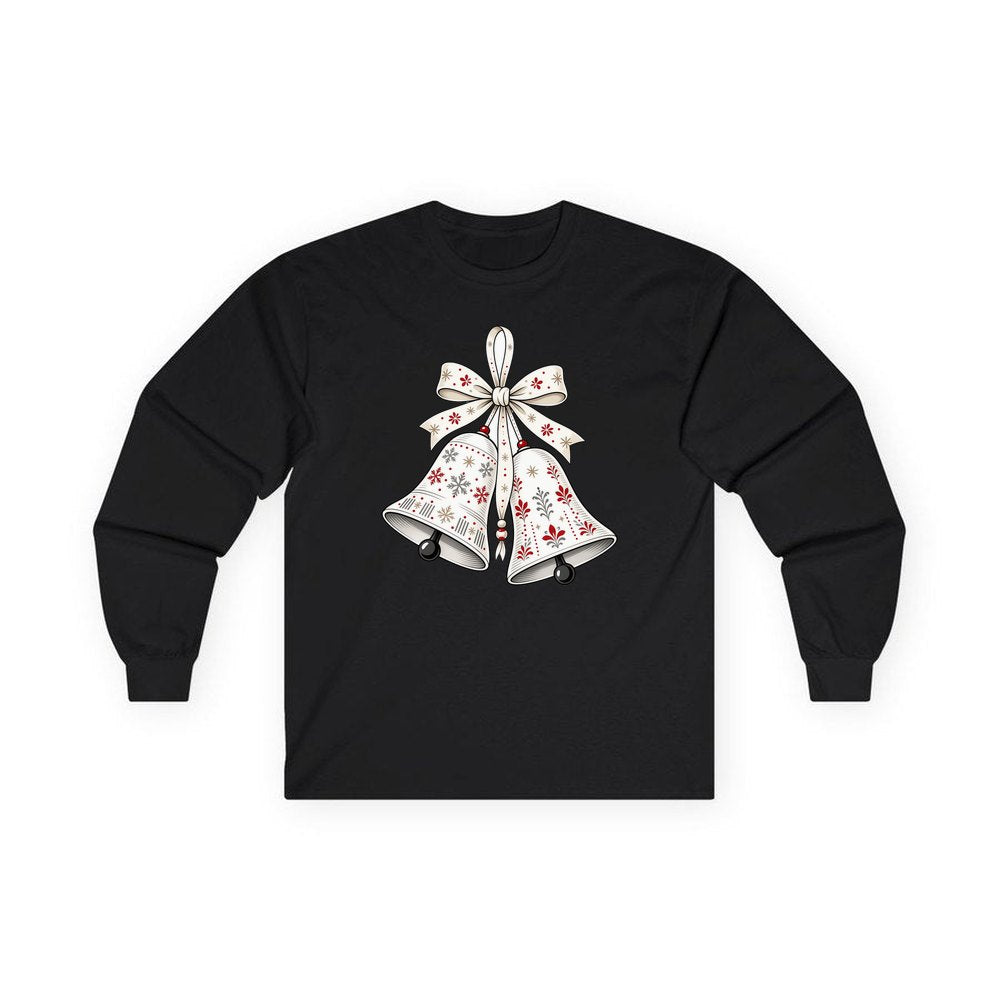 Nordic Folk Christmas Bells personalised long sleeve Christmas T-shirt in black