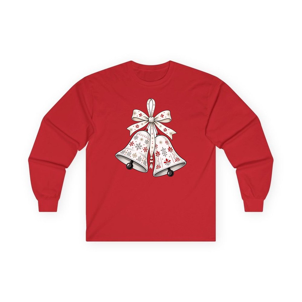 Nordic Folk Christmas Bells personalised long sleeve Christmas T-shirt in red