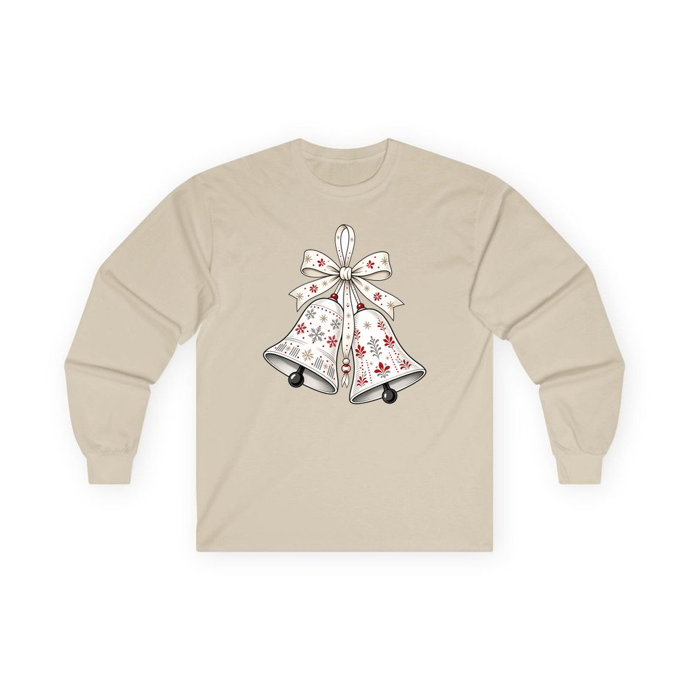 Nordic Folk Christmas Bells personalised long sleeve Christmas T-shirt in sand