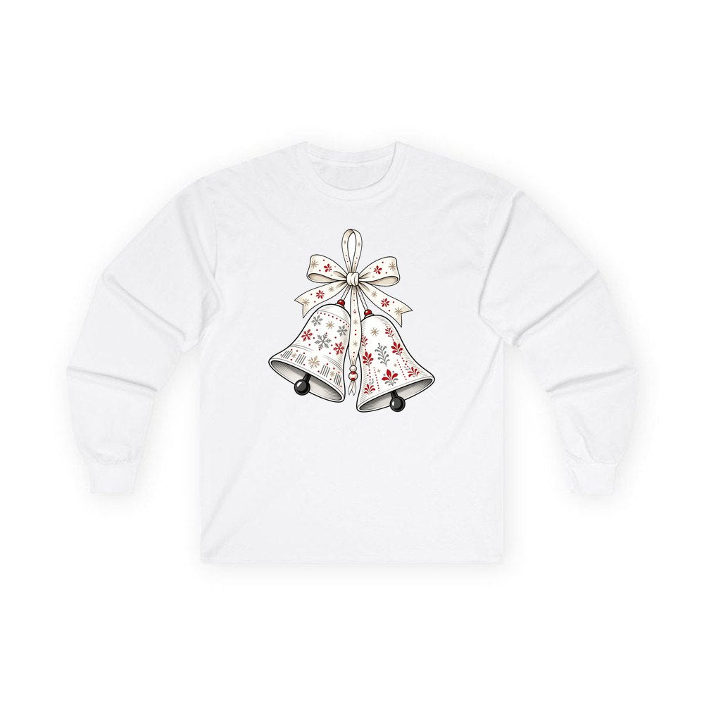 Nordic Folk Christmas Bells personalised long sleeve Christmas T-shirt in white