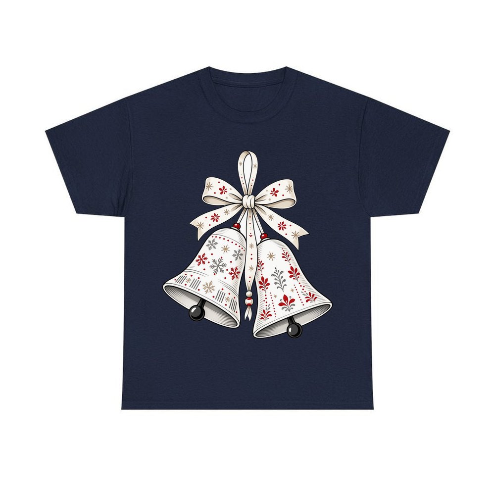 Nordic Folk Christmas Bells personalised Christmas T-shirt in navy
