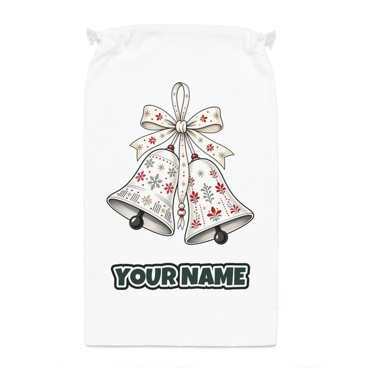 Nordic Folk Christmas Bells Santa sack laid flat, showing the full print
