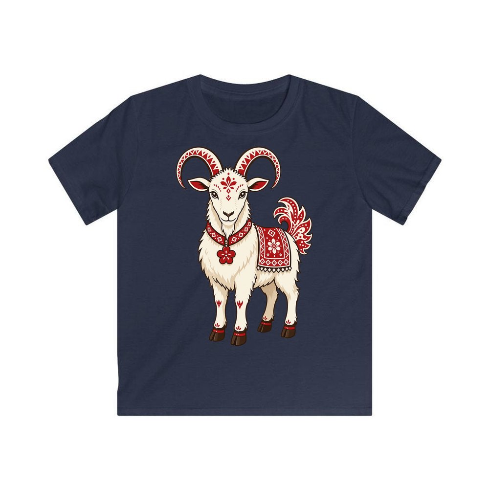 Nordic Folk Christmas Goat personalised kids Christmas tee in navy