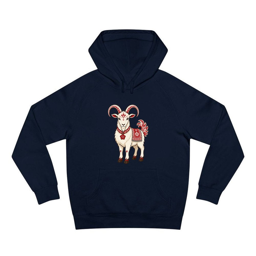 Nordic Folk Christmas Goat personalised Christmas hoodie in navy