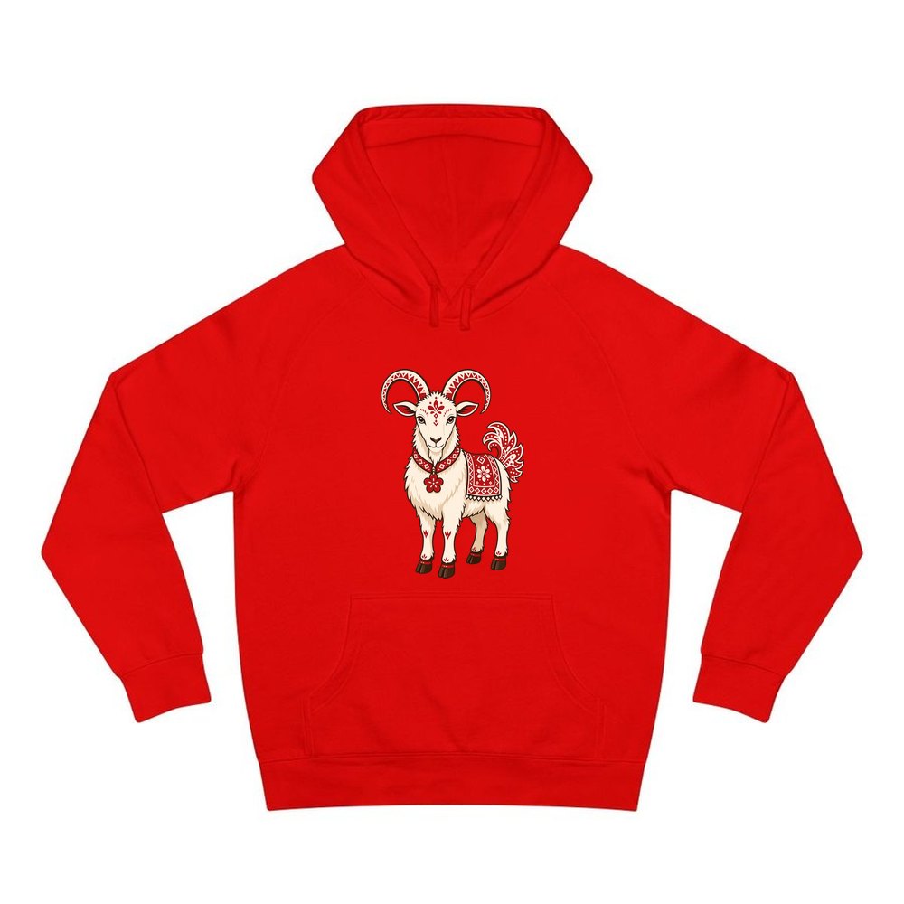 Nordic Folk Christmas Goat personalised Christmas hoodie in red