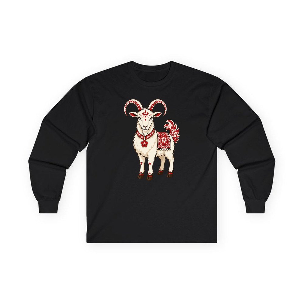 Nordic Folk Christmas Goat personalised long sleeve Christmas T-shirt in black