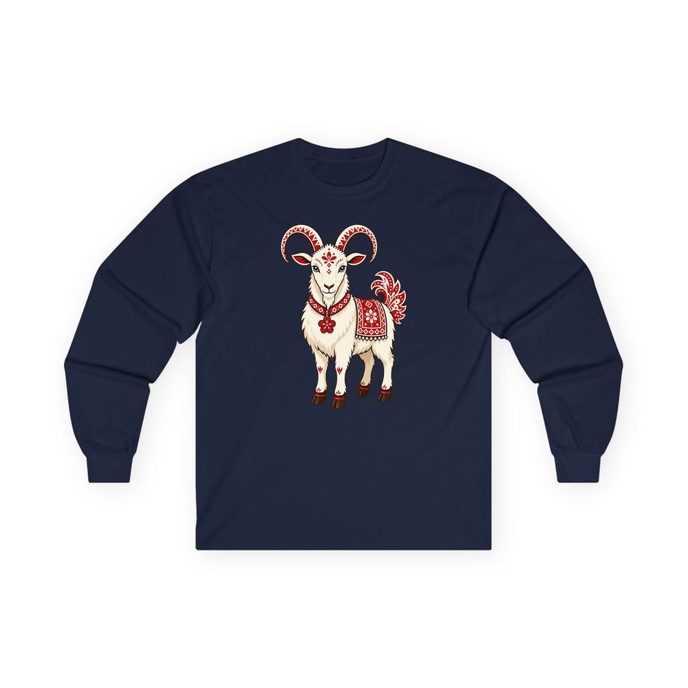 Nordic Folk Christmas Goat personalised long sleeve Christmas T-shirt in navy