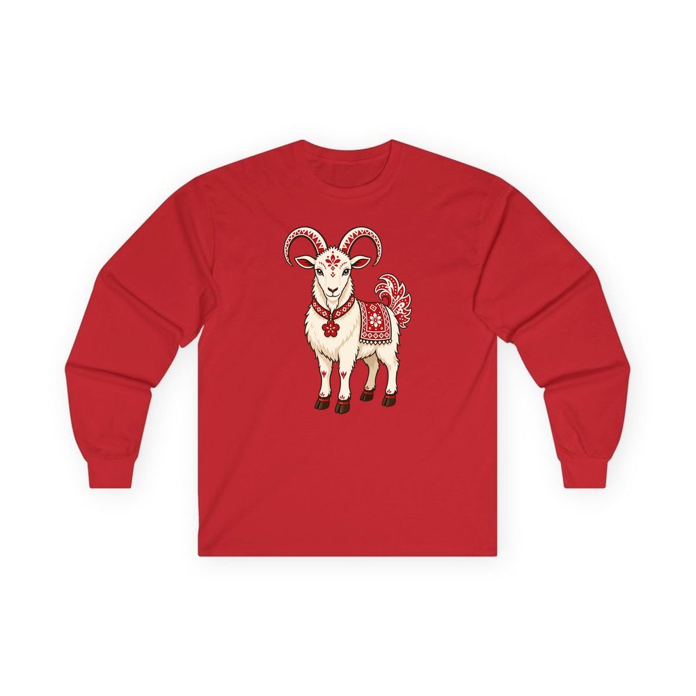 Nordic Folk Christmas Goat personalised long sleeve Christmas T-shirt in red