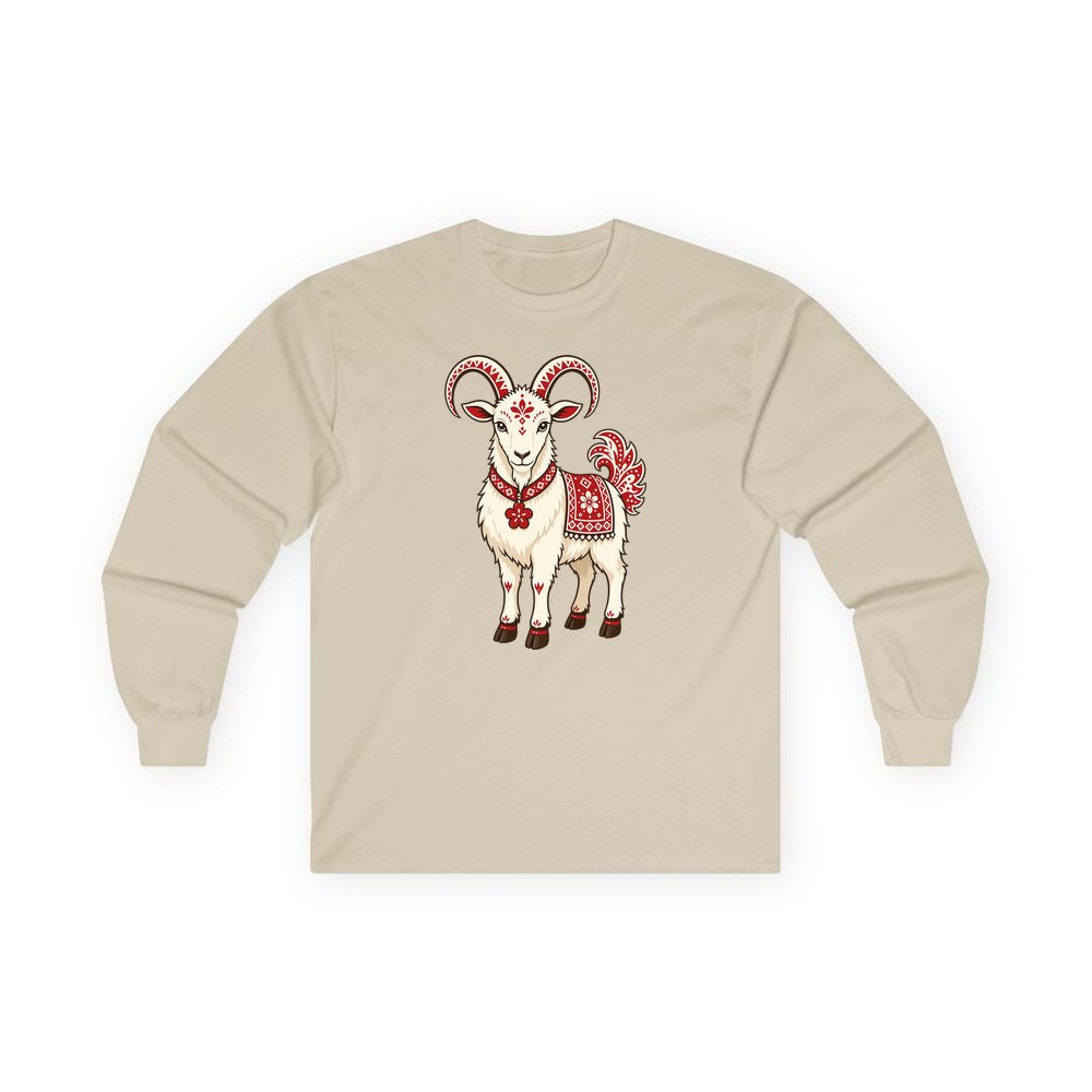 Nordic Folk Christmas Goat personalised long sleeve Christmas T-shirt in sand