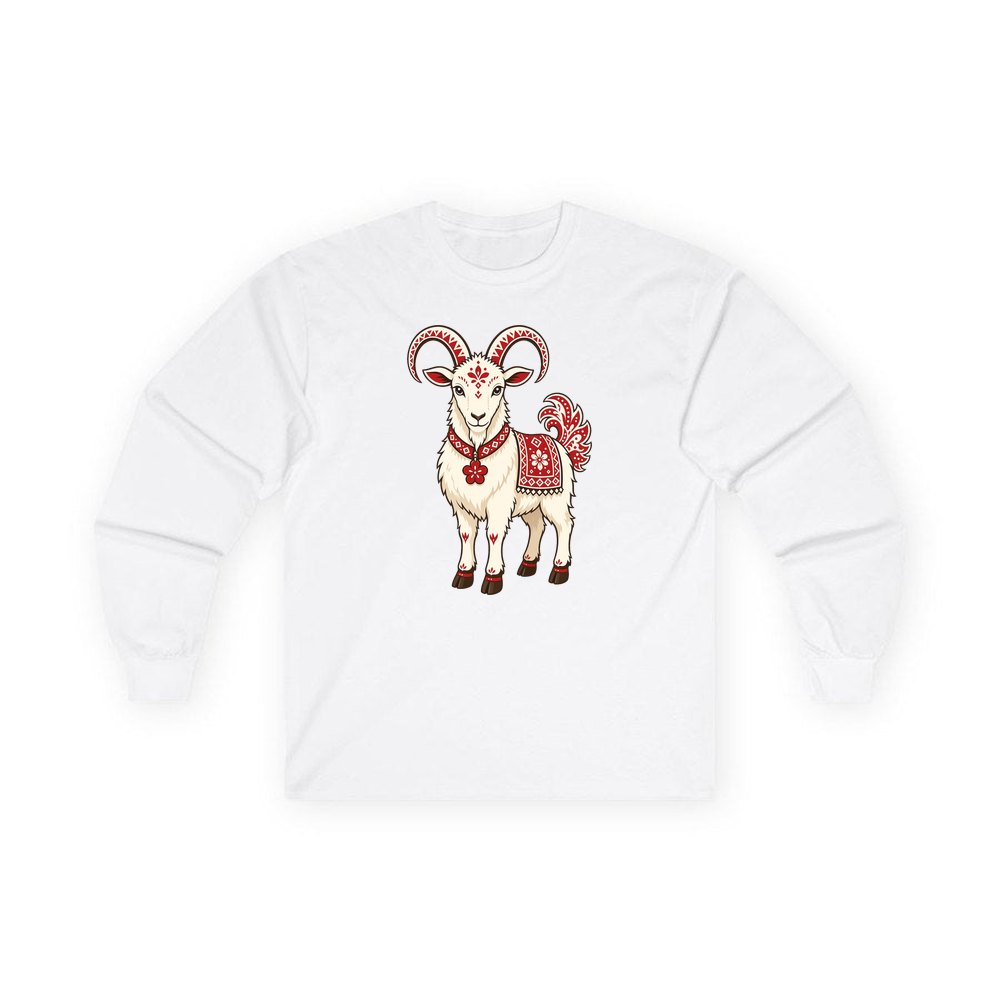 Nordic Folk Christmas Goat personalised long sleeve Christmas T-shirt in white