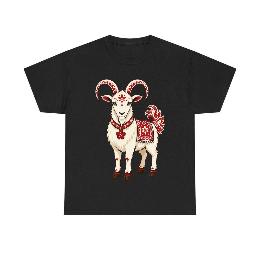 Nordic Folk Christmas Goat personalised Christmas T-shirt in black