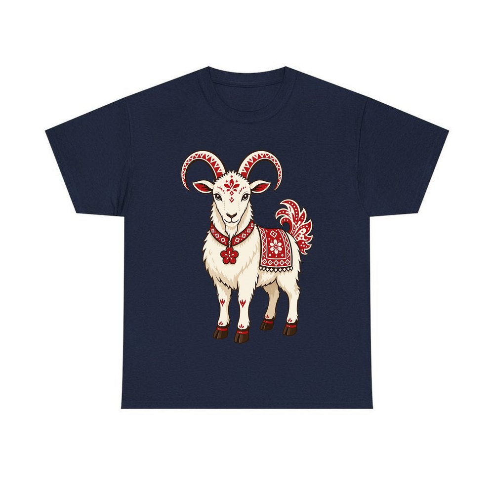 Nordic Folk Christmas Goat personalised Christmas T-shirt in navy
