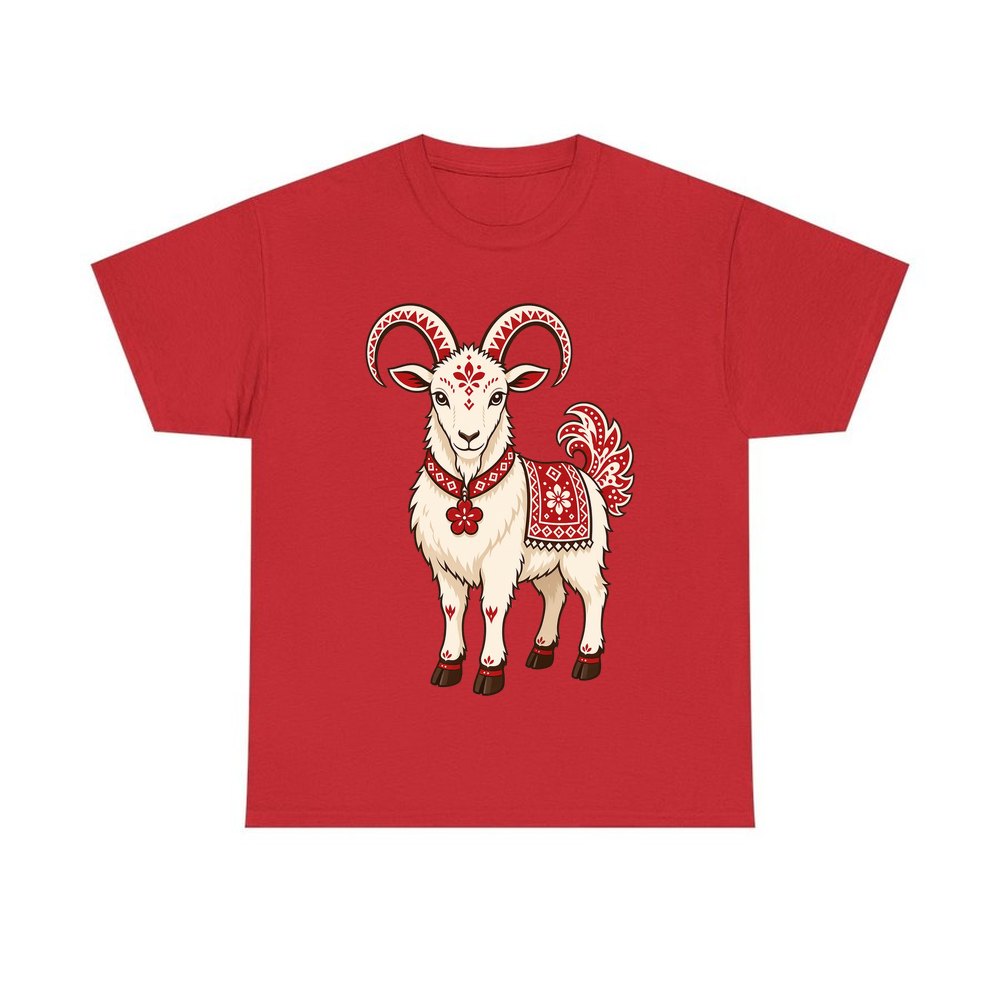 Nordic Folk Christmas Goat personalised Christmas T-shirt in red