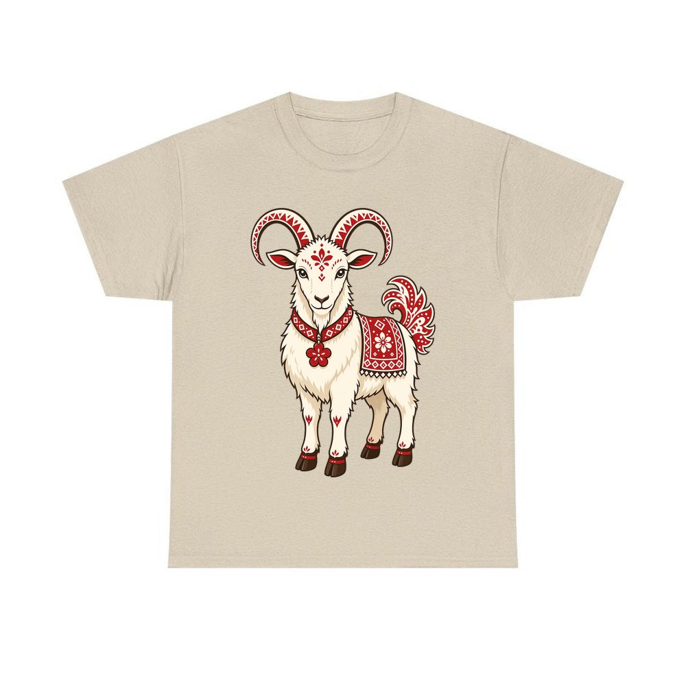 Nordic Folk Christmas Goat personalised Christmas T-shirt in sand