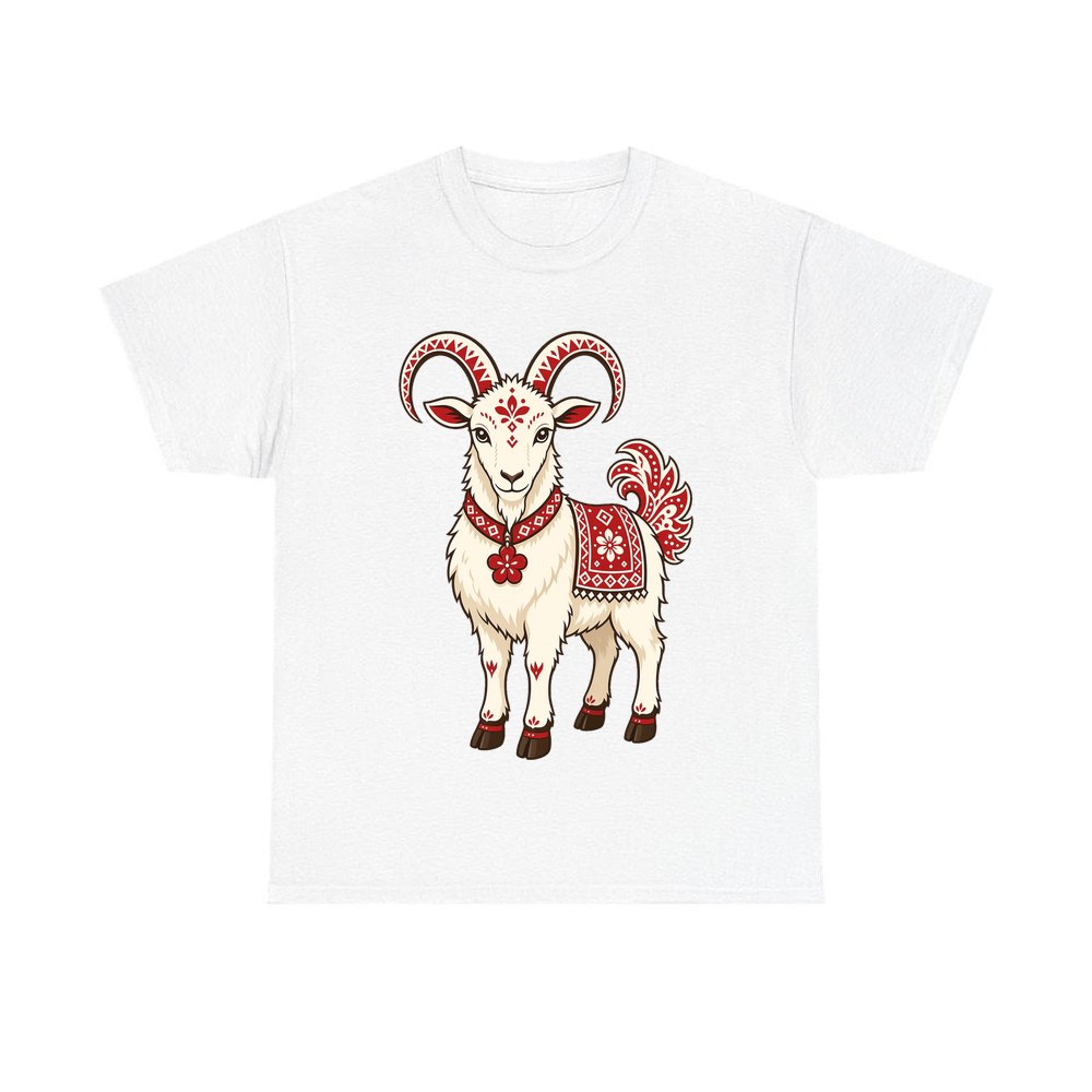 Nordic Folk Christmas Goat personalised Christmas T-shirt in white