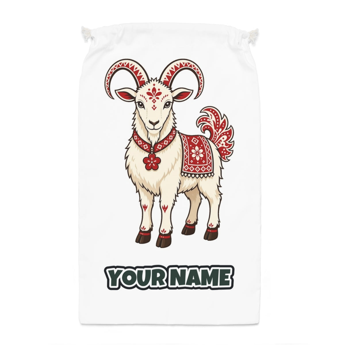 Nordic Folk Christmas Goat Santa sack laid flat, showing the full print