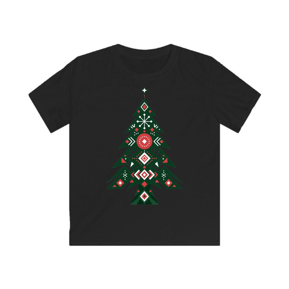 Nordic Folk Evergreen personalised kids Christmas tee in black