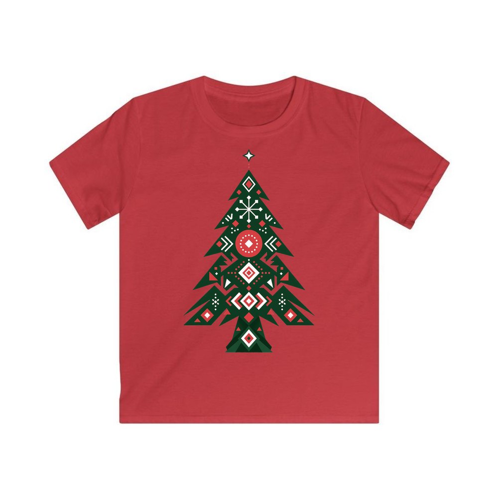 Nordic Folk Evergreen personalised kids Christmas tee in red