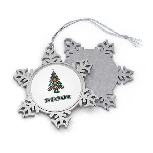 Nordic Folk Evergreen personalised pewter snowflake Christmas ornament, front and back, with a name under the design