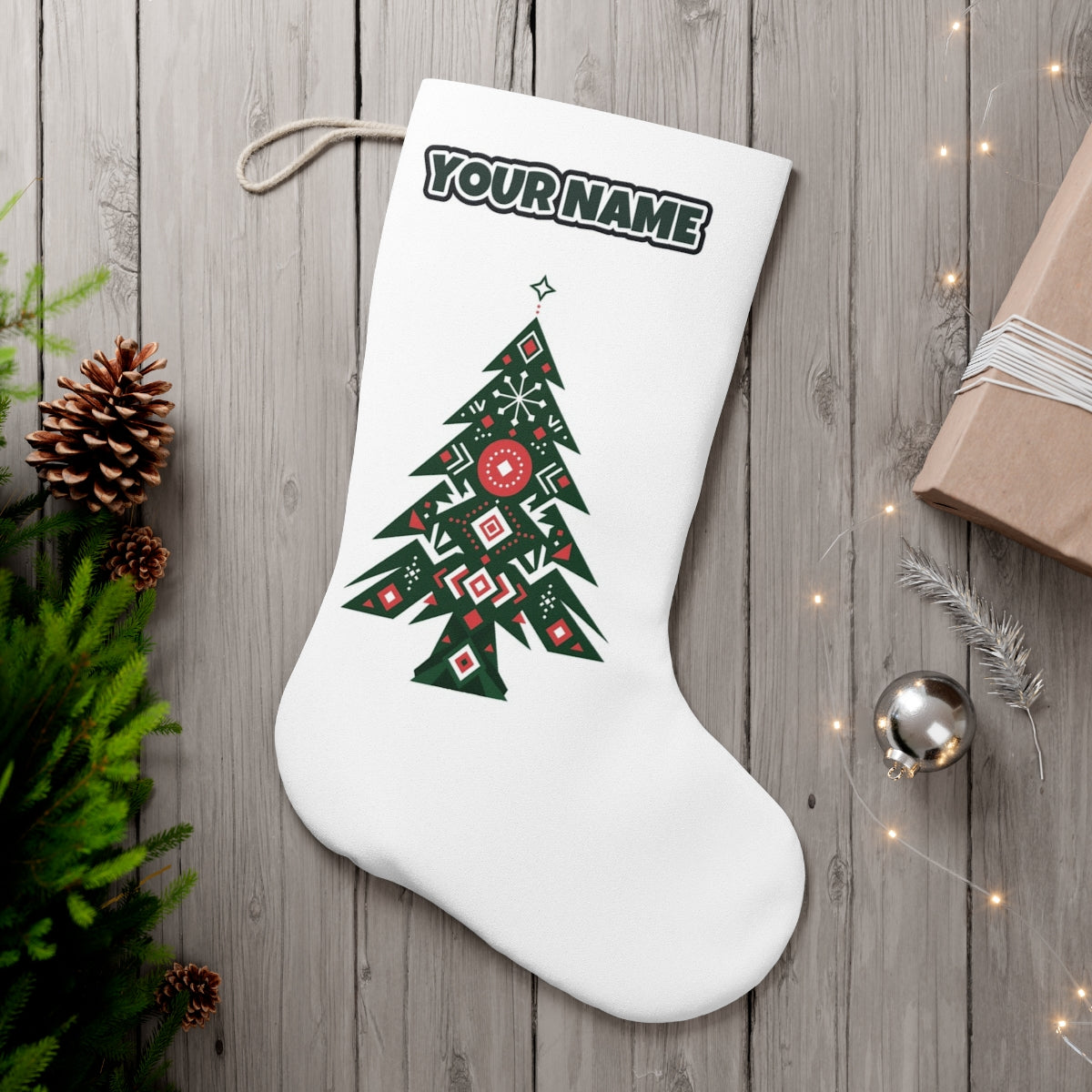 Nordic Folk Evergreen personalised Christmas stocking, white, with the name across the top