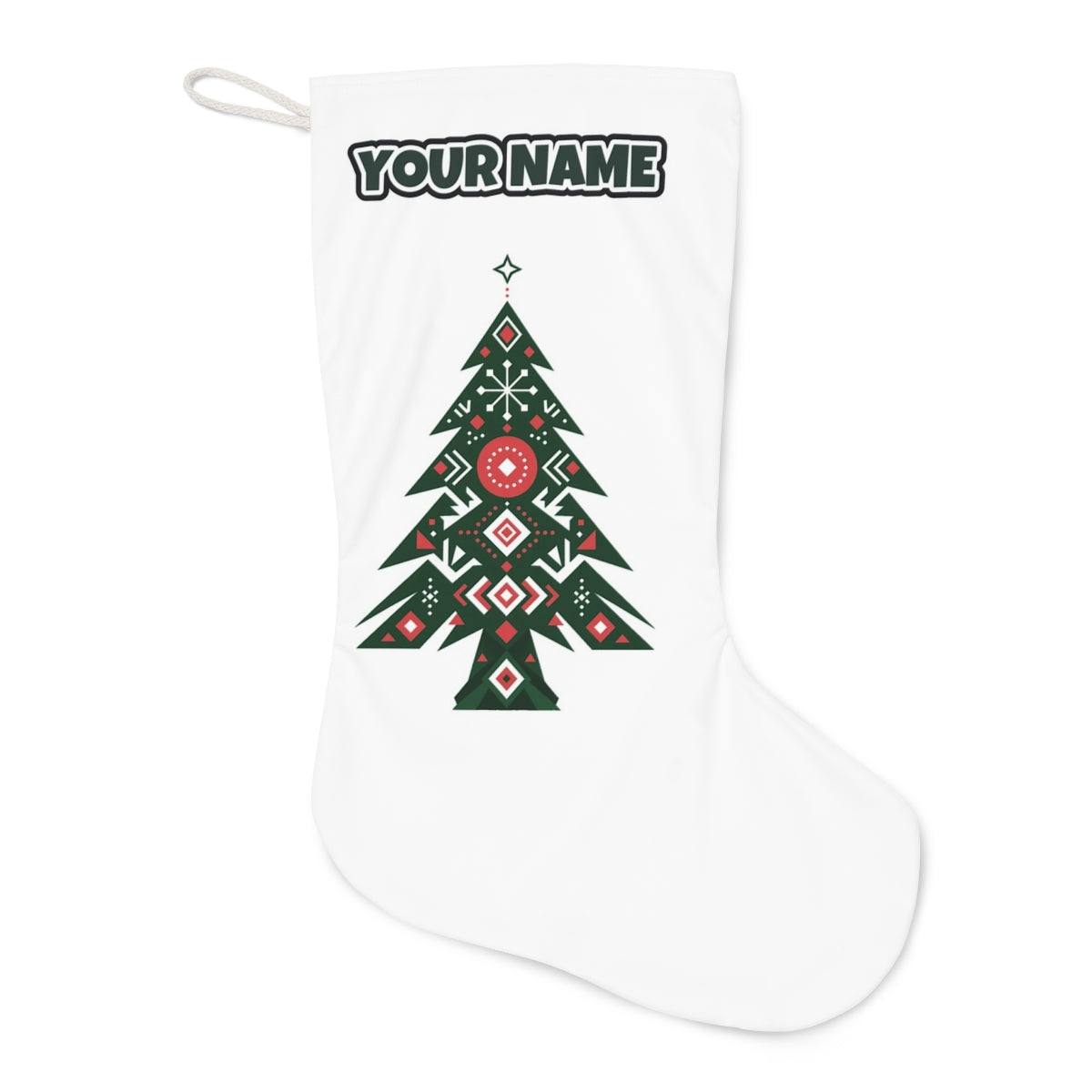 Nordic Folk Evergreen Christmas stocking laid flat, showing the full print