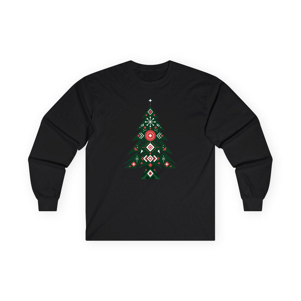 Nordic Folk Evergreen personalised long sleeve Christmas T-shirt in black