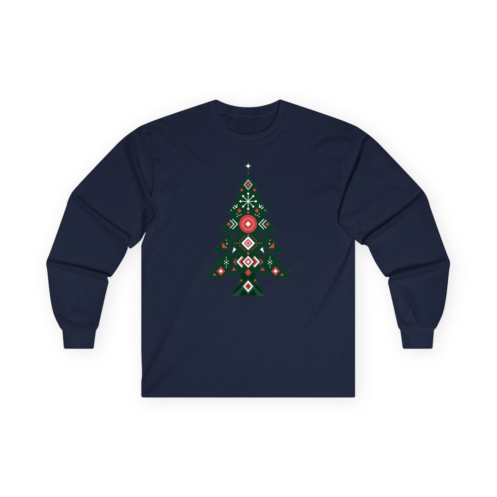Nordic Folk Evergreen personalised long sleeve Christmas T-shirt in navy
