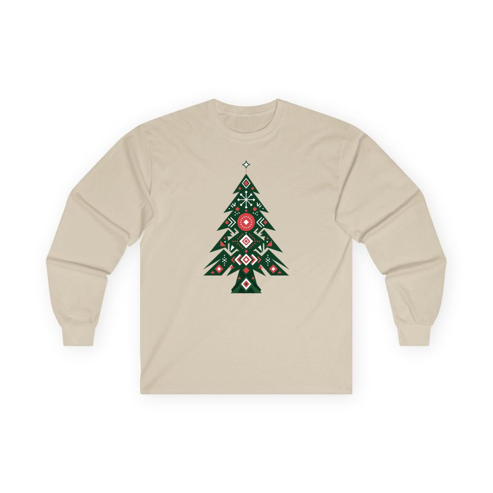 Nordic Folk Evergreen personalised long sleeve Christmas T-shirt in sand