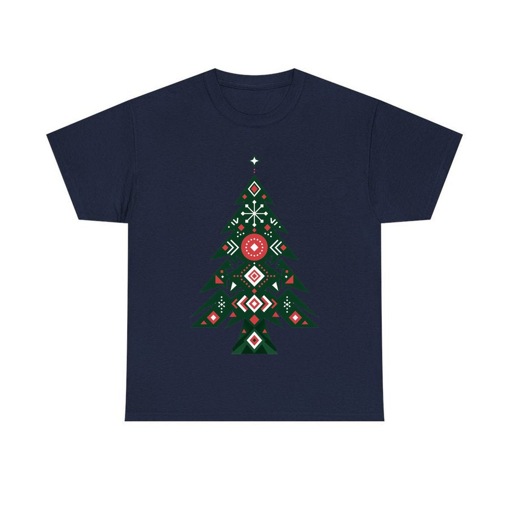 Nordic Folk Evergreen personalised Christmas T-shirt in navy
