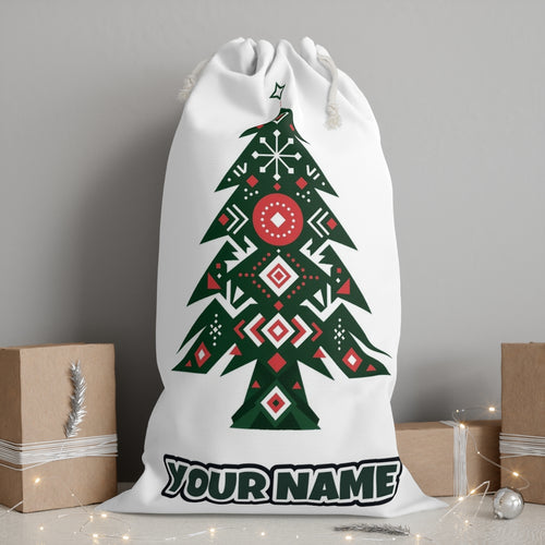 Nordic Folk Evergreen personalised Santa sack, white, with the name printed under the artwork