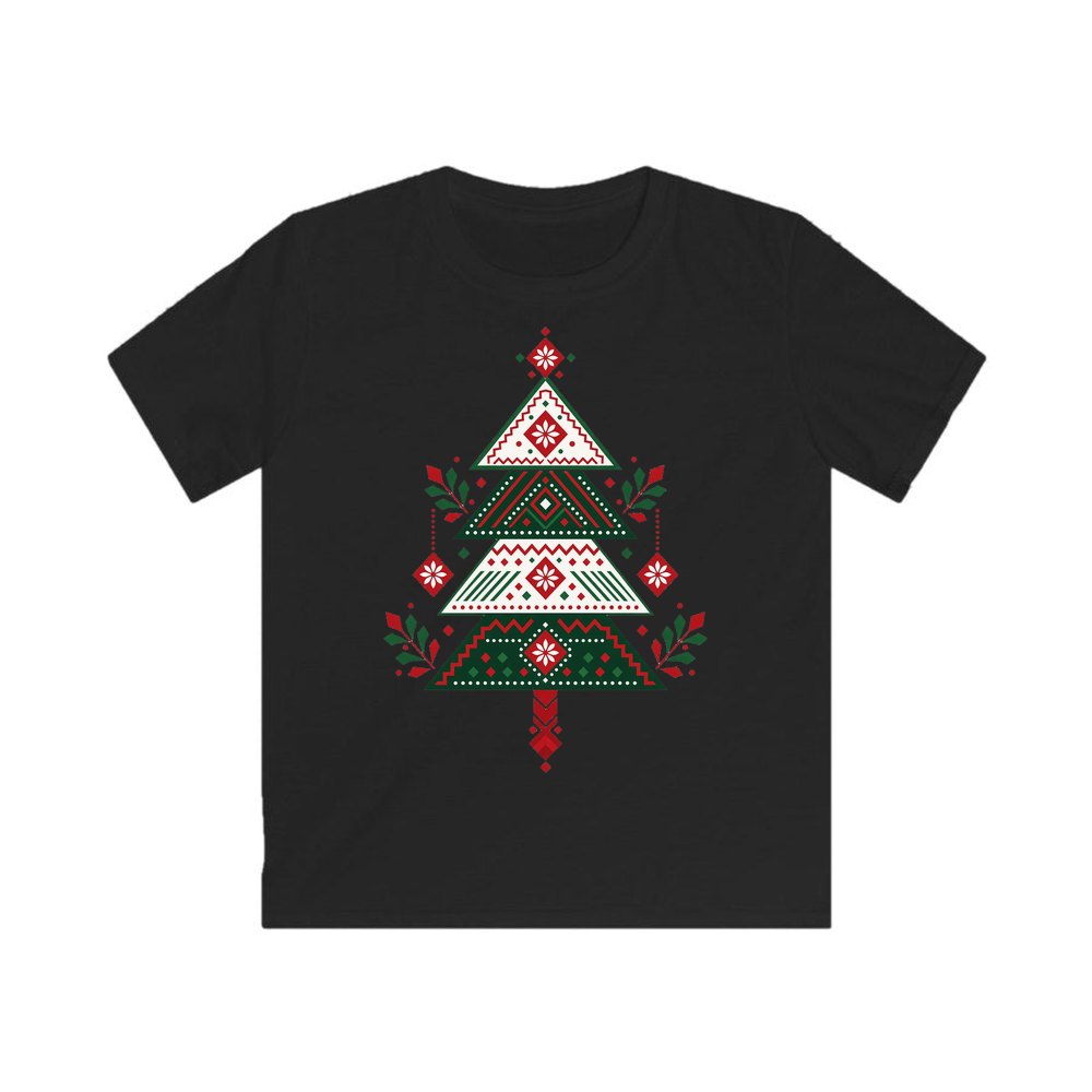 Nordic Folk Christmas Tree personalised kids Christmas tee in black
