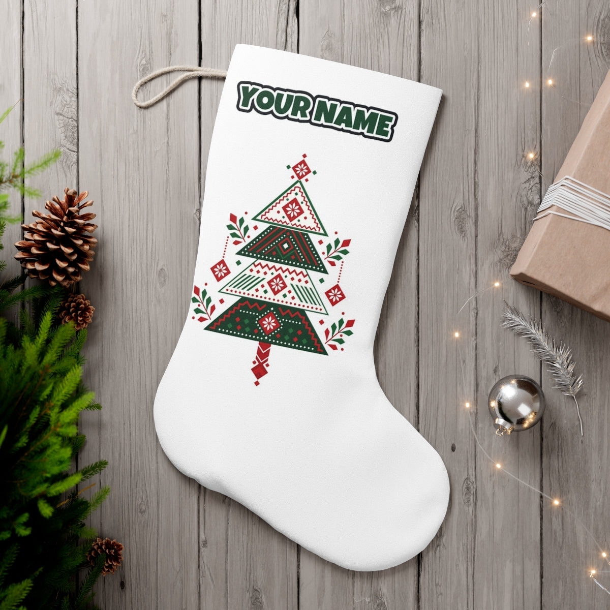 Nordic Folk Christmas Tree personalised Christmas stocking, white, with the name across the top