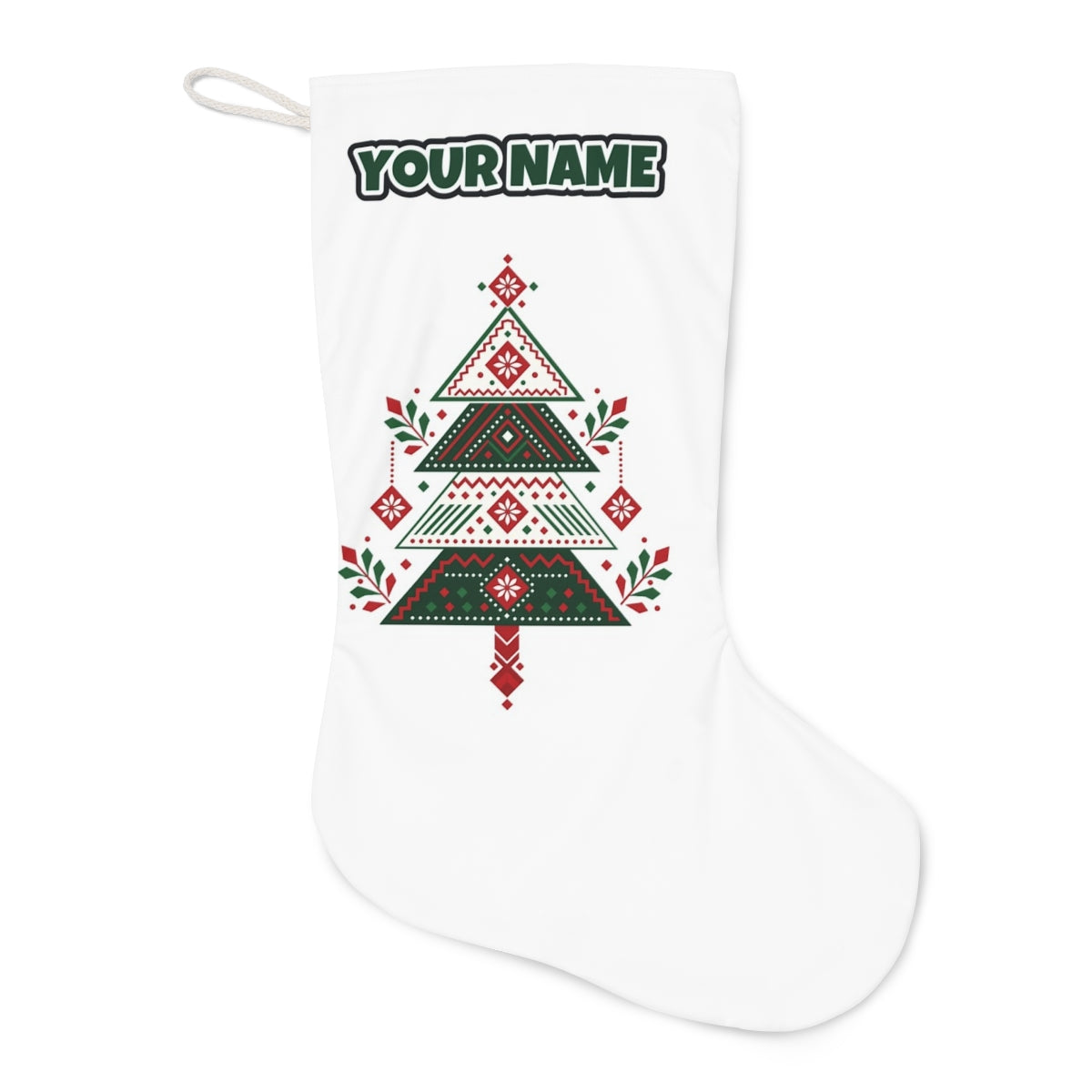Nordic Folk Christmas Tree Christmas stocking laid flat, showing the full print