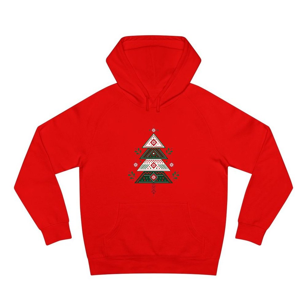 Nordic Folk Christmas Tree personalised Christmas hoodie in red