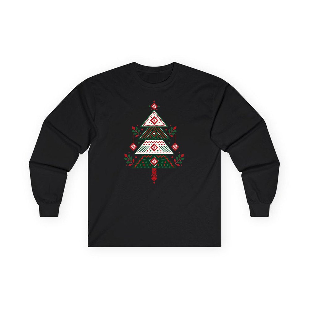 Nordic Folk Christmas Tree personalised long sleeve Christmas T-shirt in black