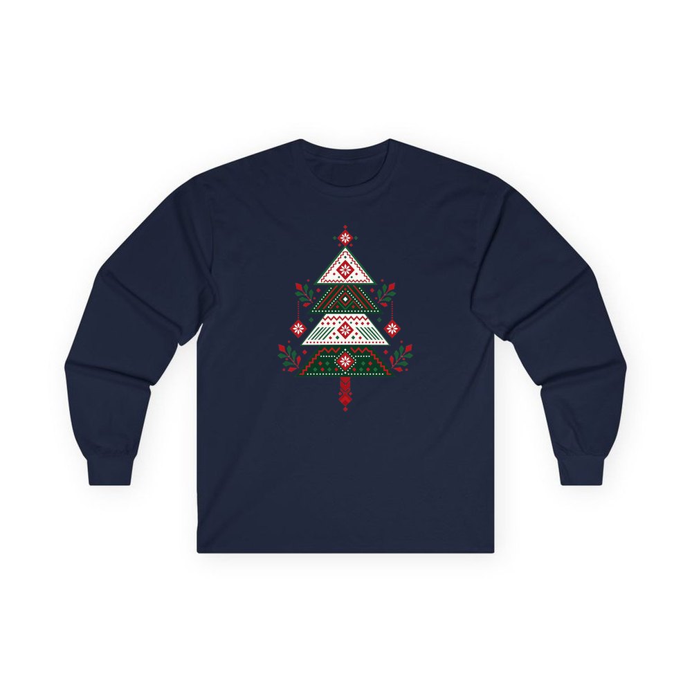 Nordic Folk Christmas Tree personalised long sleeve Christmas T-shirt in navy