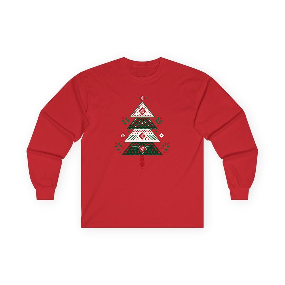 Nordic Folk Christmas Tree personalised long sleeve Christmas T-shirt in red