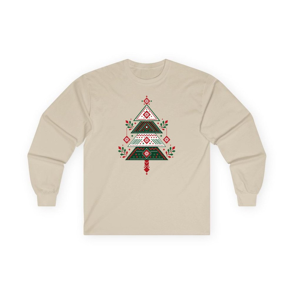 Nordic Folk Christmas Tree personalised long sleeve Christmas T-shirt in sand