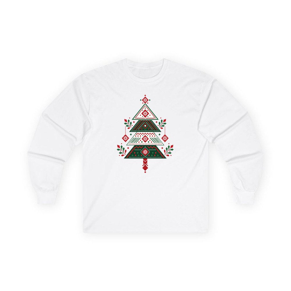 Nordic Folk Christmas Tree personalised long sleeve Christmas T-shirt in white