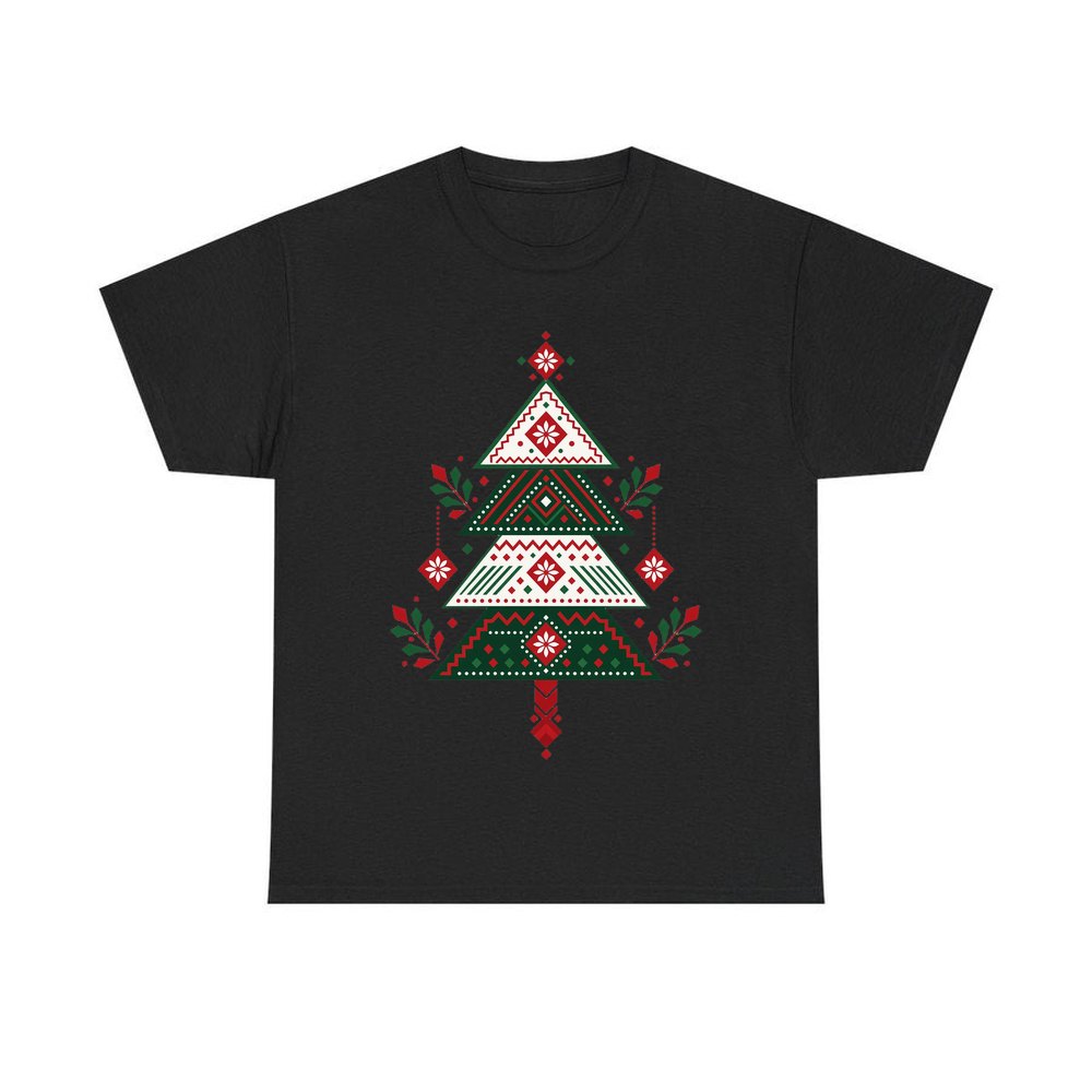 Nordic Folk Christmas Tree personalised Christmas T-shirt in black