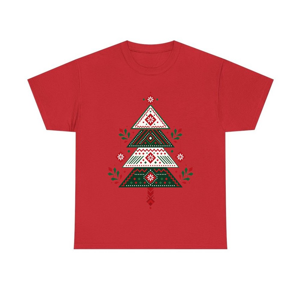 Nordic Folk Christmas Tree personalised Christmas T-shirt in red