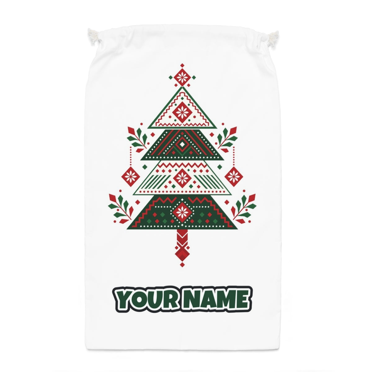 Nordic Folk Christmas Tree Santa sack laid flat, showing the full print