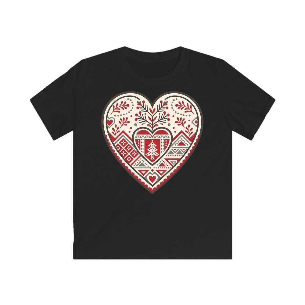 Nordic Folk Heart personalised kids Christmas tee in black